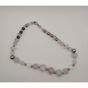 Vintage Style Beaded Necklace Frosted Glass & Silver Tone Beads Purple Clear